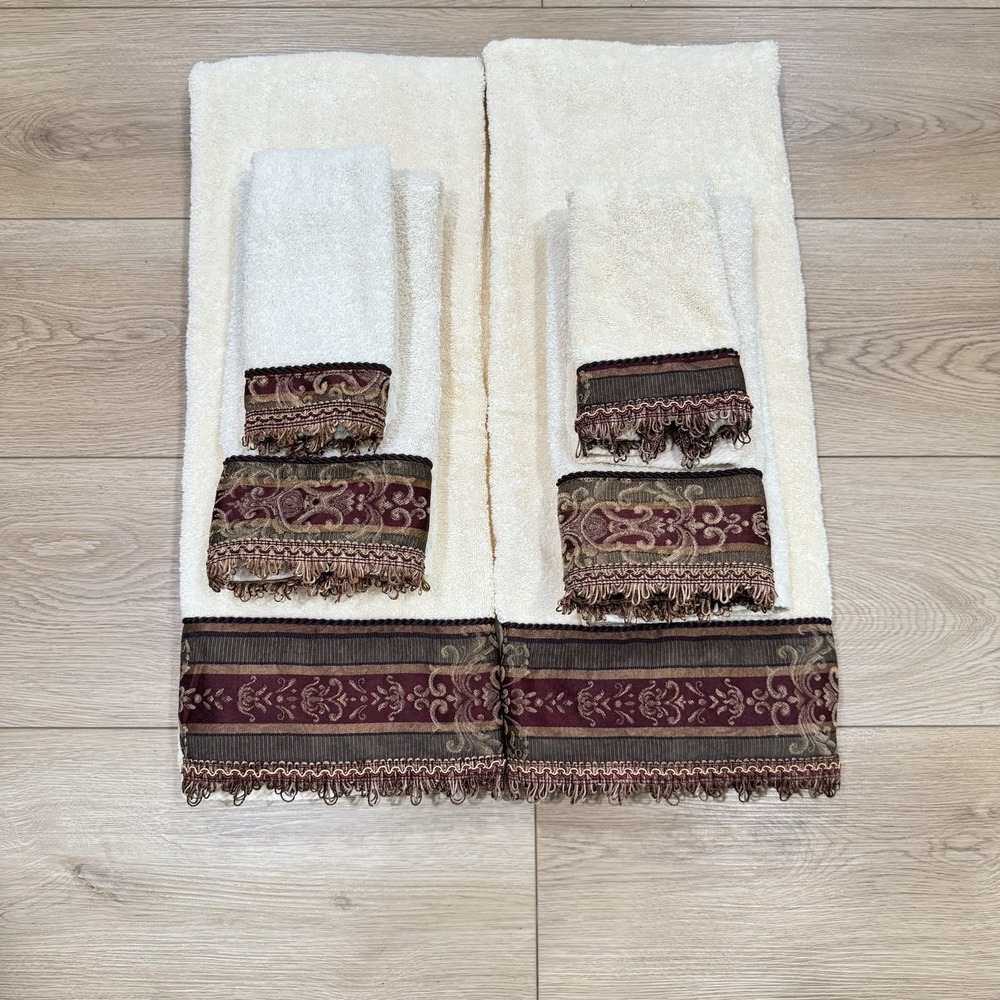 Croscill Home 6 Pc Towel Set Cream Burgundy Fringe Trim Bath Hand Fingertip VTG